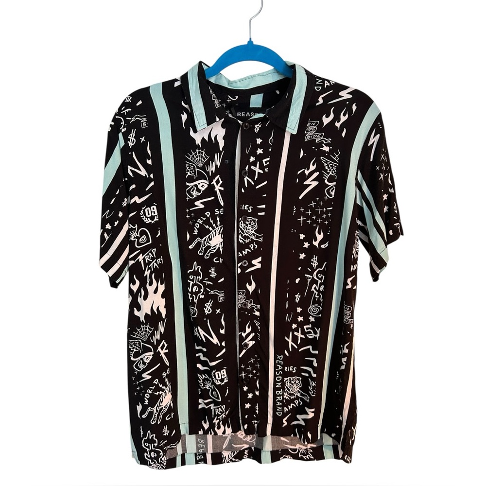 Reason Black and White Graffiti Men’s Button Down Shirt Size Large